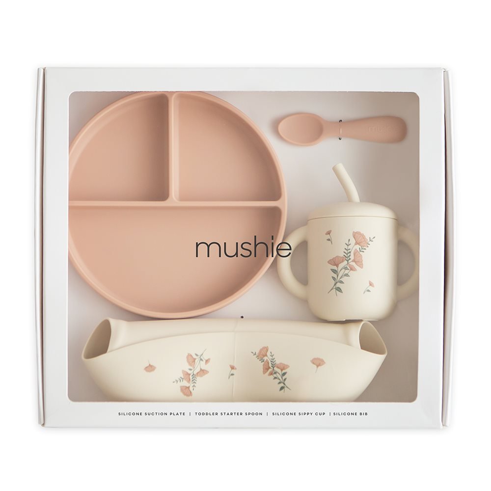 Mushie Silikon Geschirr Set Pink Flowers Hauptbild